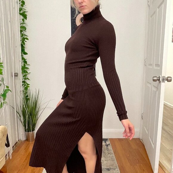 A.L.C Turtleneck Rib Knit Midi Sweater Dress Long Sleeve Size XS Brown - Picture 5 of 10